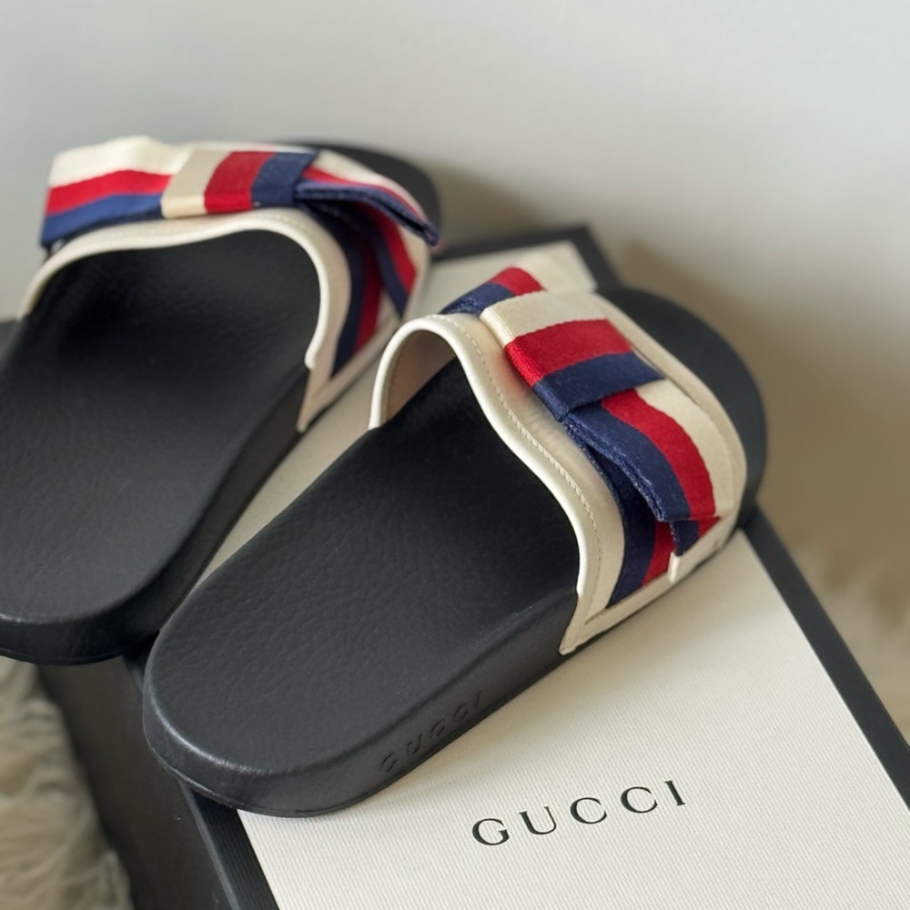 Gucci Cream Slides with Red and Blue Accents